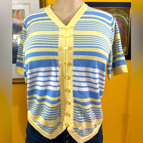 Christopher & Banks Women’s Blue & Yellow Striped Short Sleeve Top - Picture 1 of 11